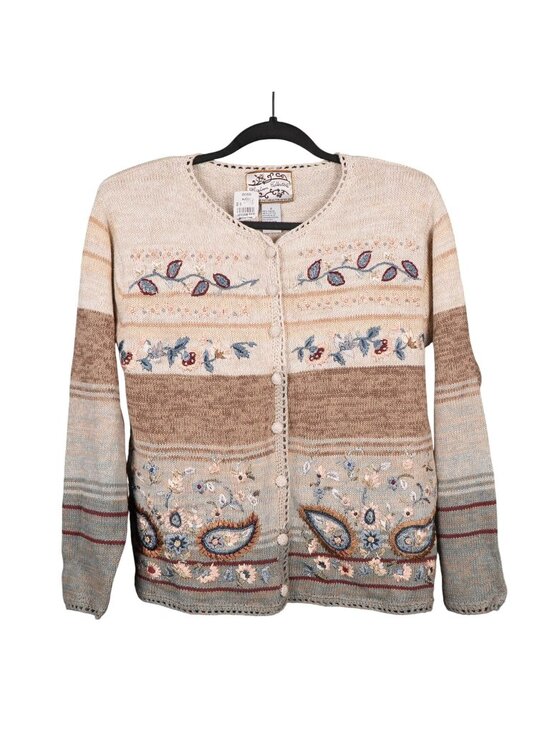 Heirloom Collectibles Sweaters - VTG Cardigan Sweater S Women 90s MomCore Beige Paisley Floral Boho Cottagecore